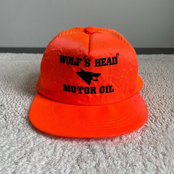 Vintage Wolfs Head Motor Oil Mesh Snapback Trucker Hat OSFA Embroidered Orange - Picture 1 of 7